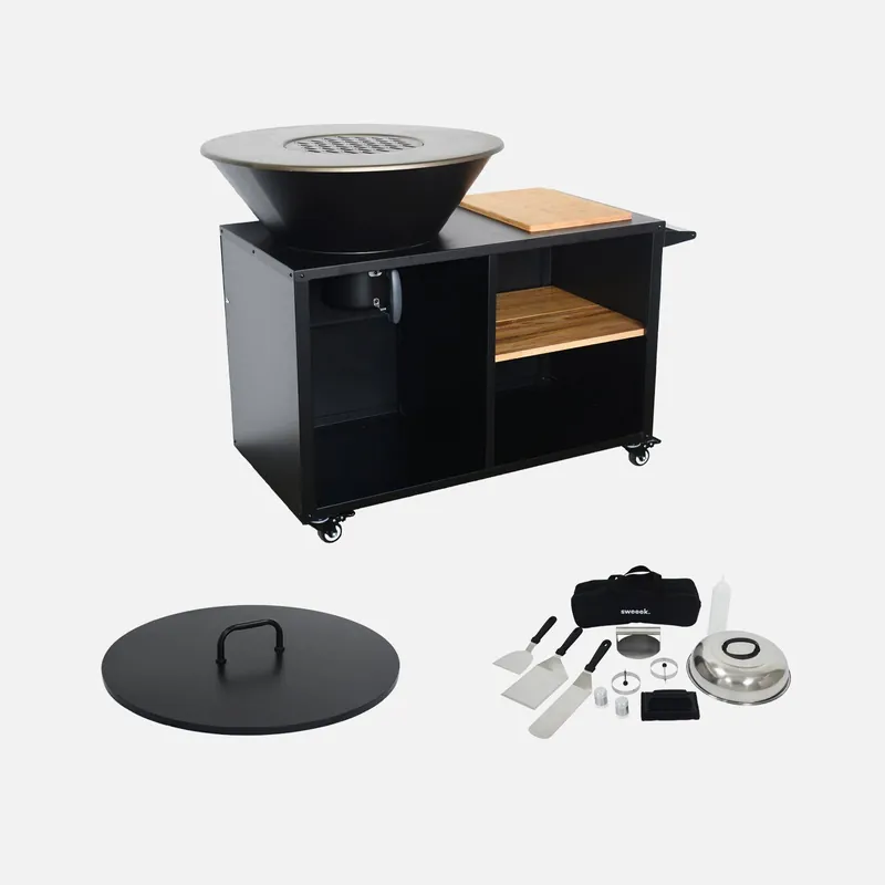 Brasero barbacoa, carrito con espacios de almacenamiento, tapa y utensilios, Ø80cm - Barbacoas