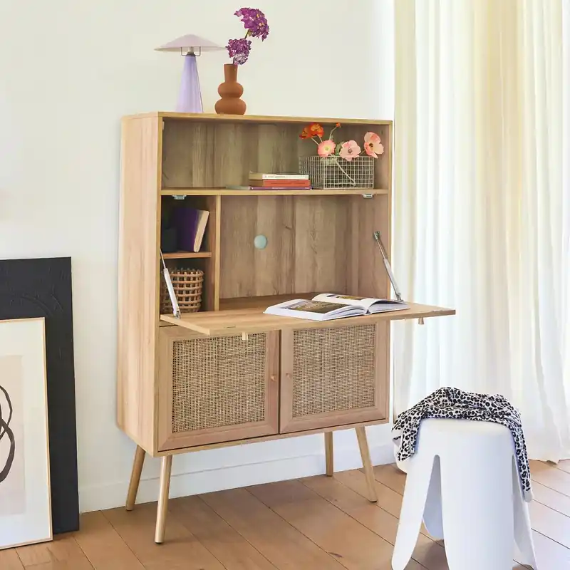 Escritorio de 2 puertas con estantes, efecto madera y caña - Escritorios
