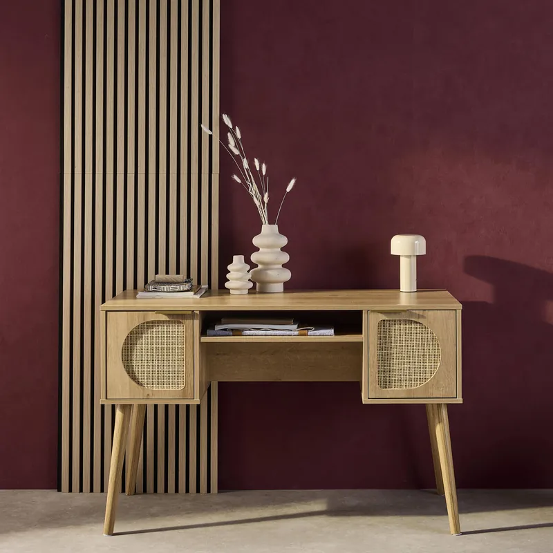 Oficina efecto madera y mimbre, 2 cajones - Escritorios