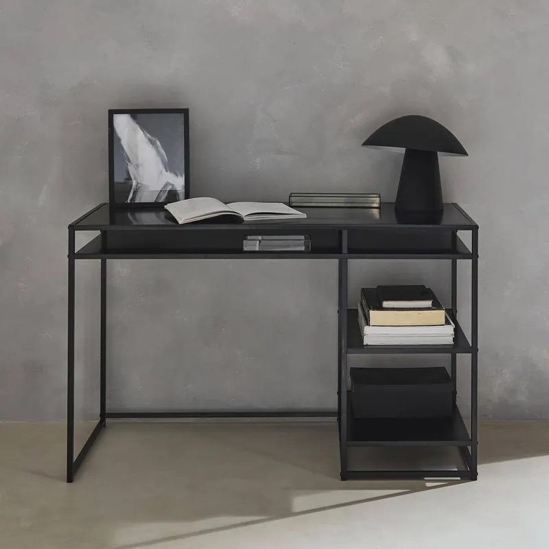 Escritorio de metal negro con 2 estanterías, 120cm - Escritorios