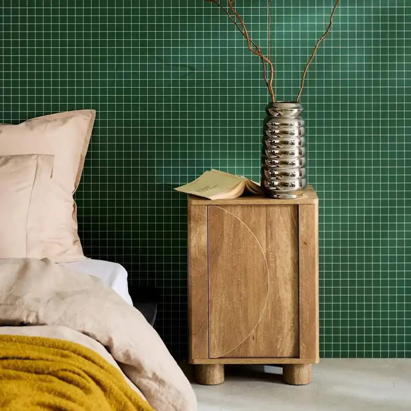 Mesita de noche efecto madera de mango con 1 puerta reversible - Mesitas de noche