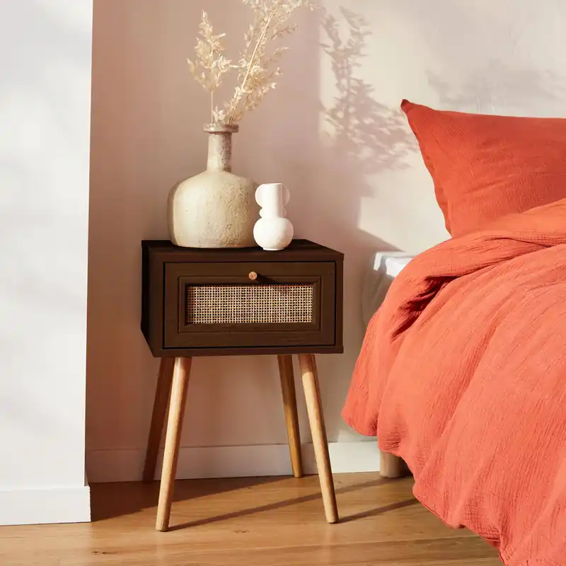 Mesita de noche de 1 cajón con efecto madera y caña - Mesitas de noche