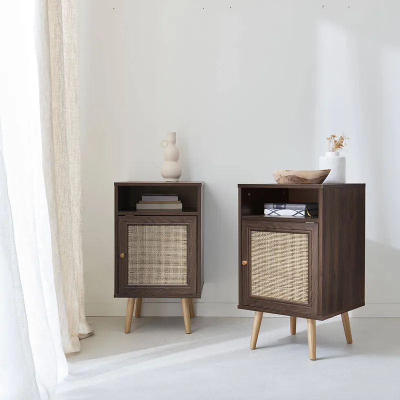 Mesita de noche escandinava con efecto madera y caña, set de 2 - Mesitas de noche