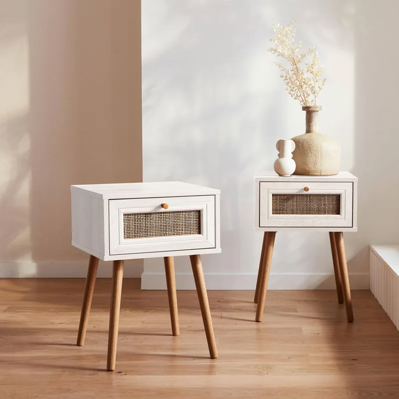 Mesita de noche de 1 cajón con efecto madera y caña, set de 2 - Mesitas de noche