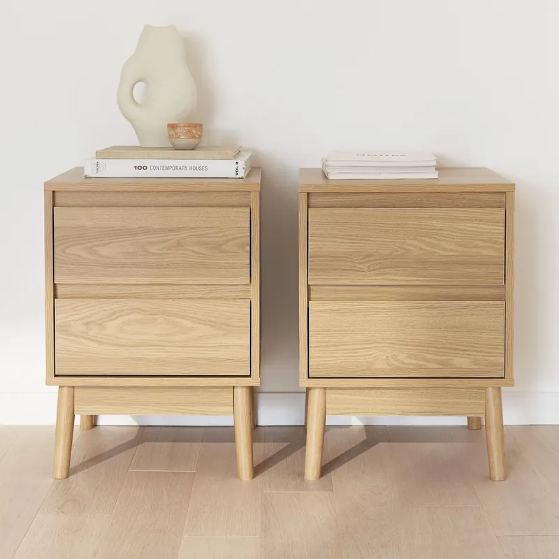 Mesita de noche efecto madera con 2 cajones, set de 2 - Mesitas de noche