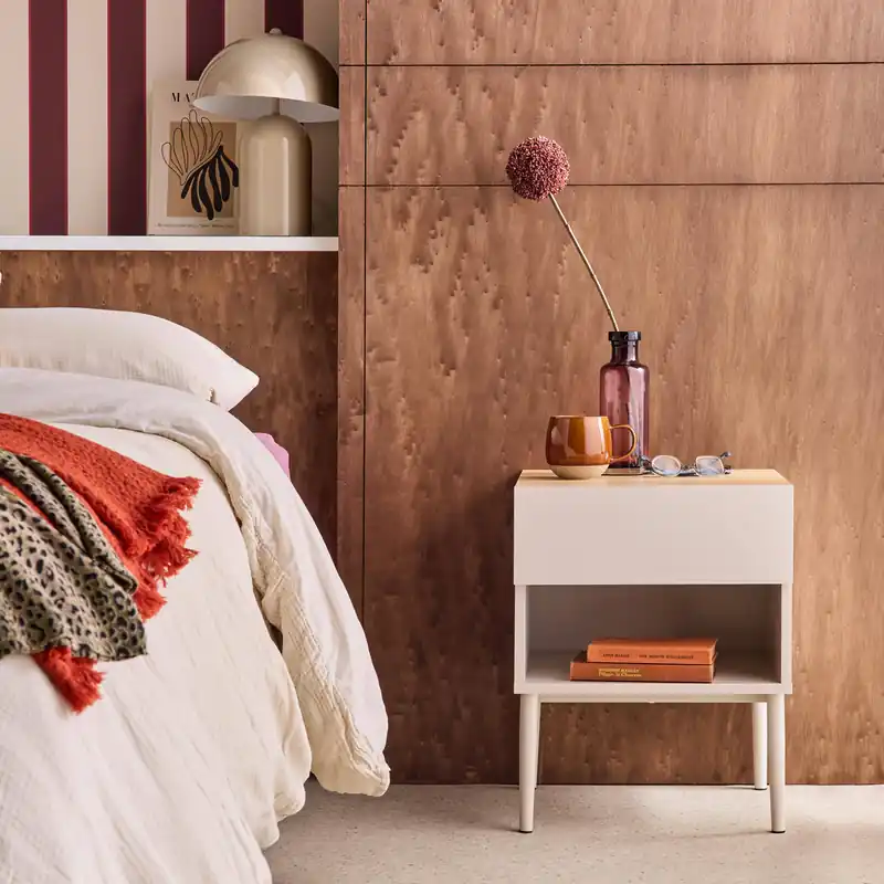 Mesita de noche de metal y decoración de madera 1 cajón - Mesitas de noche