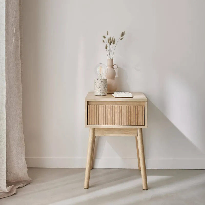Mesita de noche con efecto madera, 1 cajón - Mesitas de noche