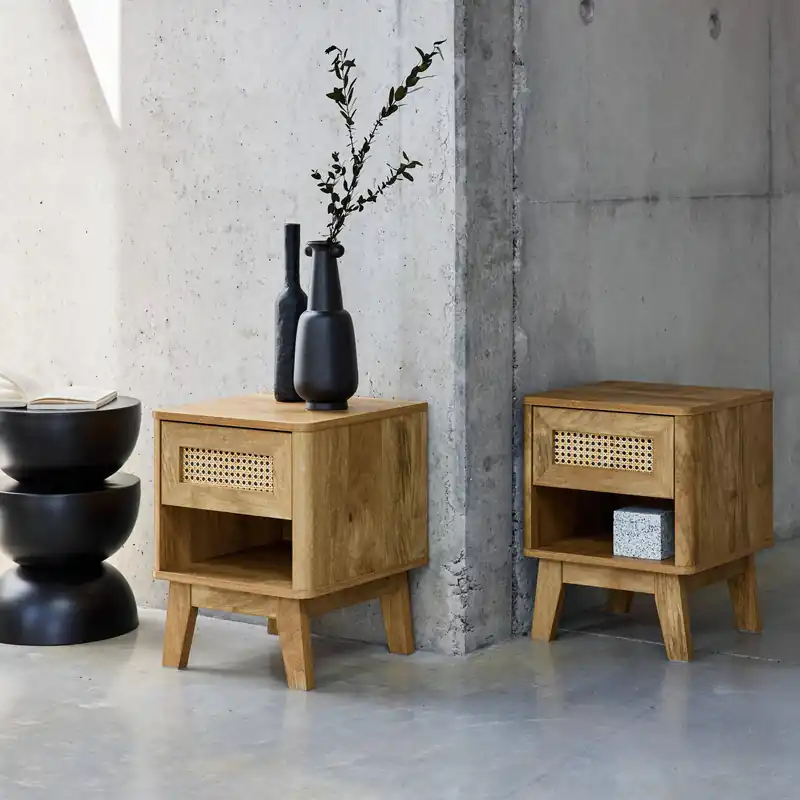 Mesita de noche efecto madera y caña, set de 2 - Mesitas de noche