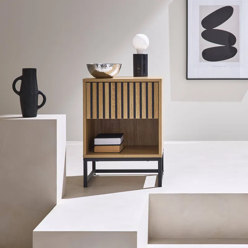Mesita de noche contemporánea efecto madera estriada con 1 cajón - Mesitas de noche