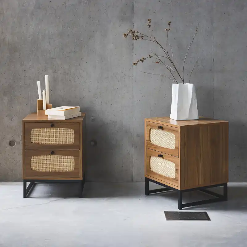 Mesitas de noche de madera y caña, set de 2