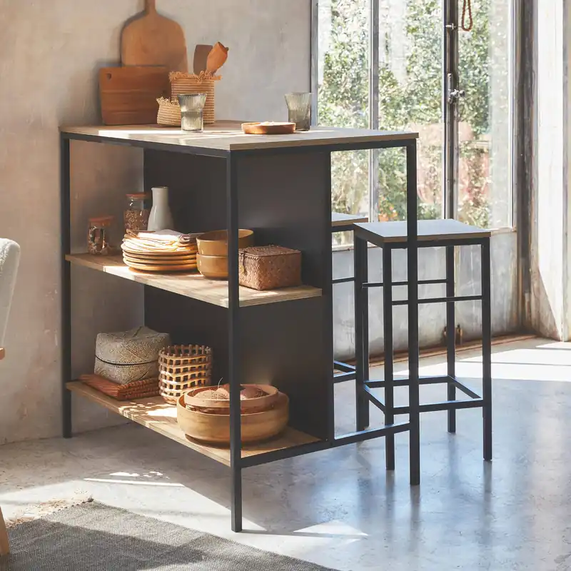 Mesa alta de madera y metal, 2 estantes, 2 taburetes - Mesas de comedor