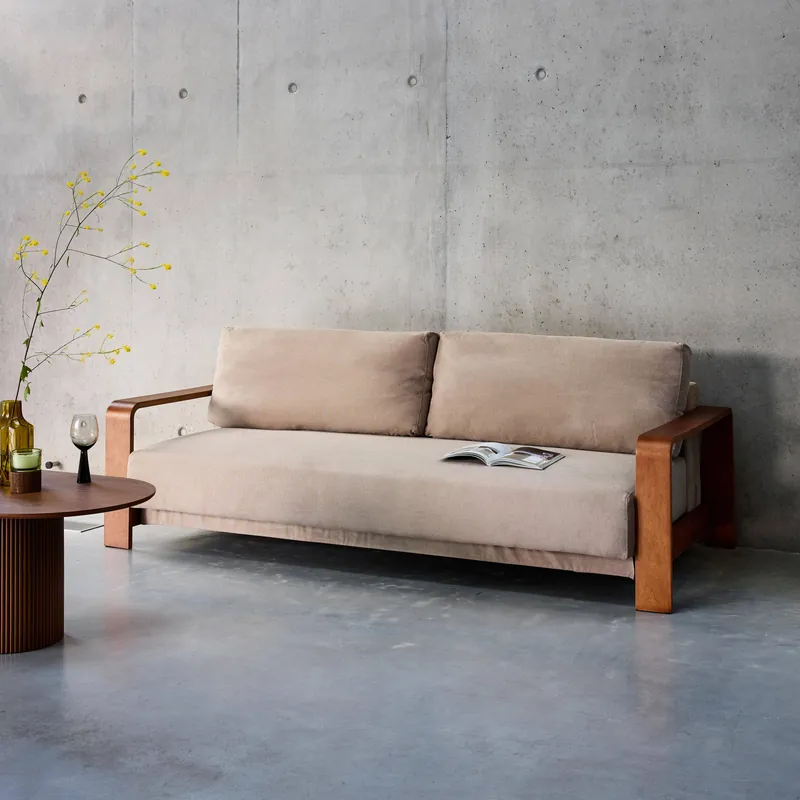Sofá cama de 3 plazas con reposabrazos de madera - Sofás