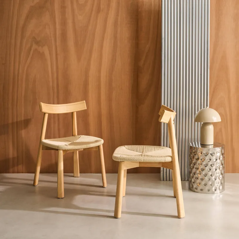 Silla escandinava de madera de hevea con asiento de cuerda, set de 2 - Sillas de comedor