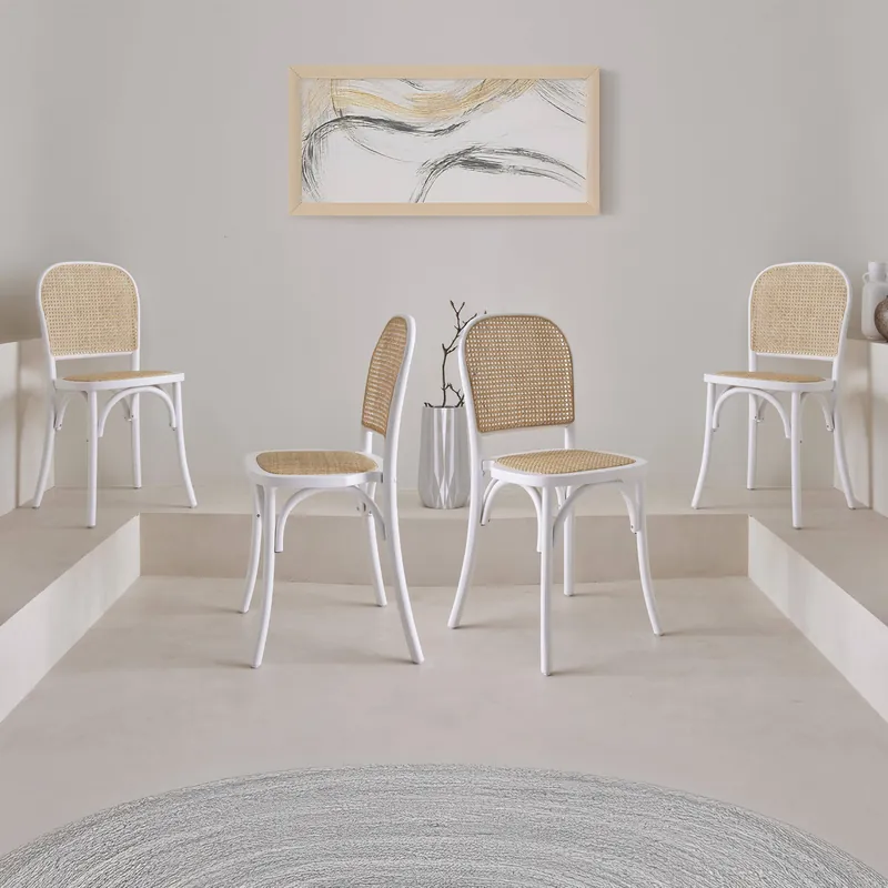 Sillas de madera y ratán vintage, set de 4 - Sillas de comedor