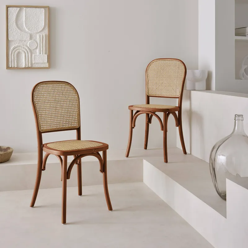 Silla vintage de madera y ratán, set de 2 - Sillas de comedor