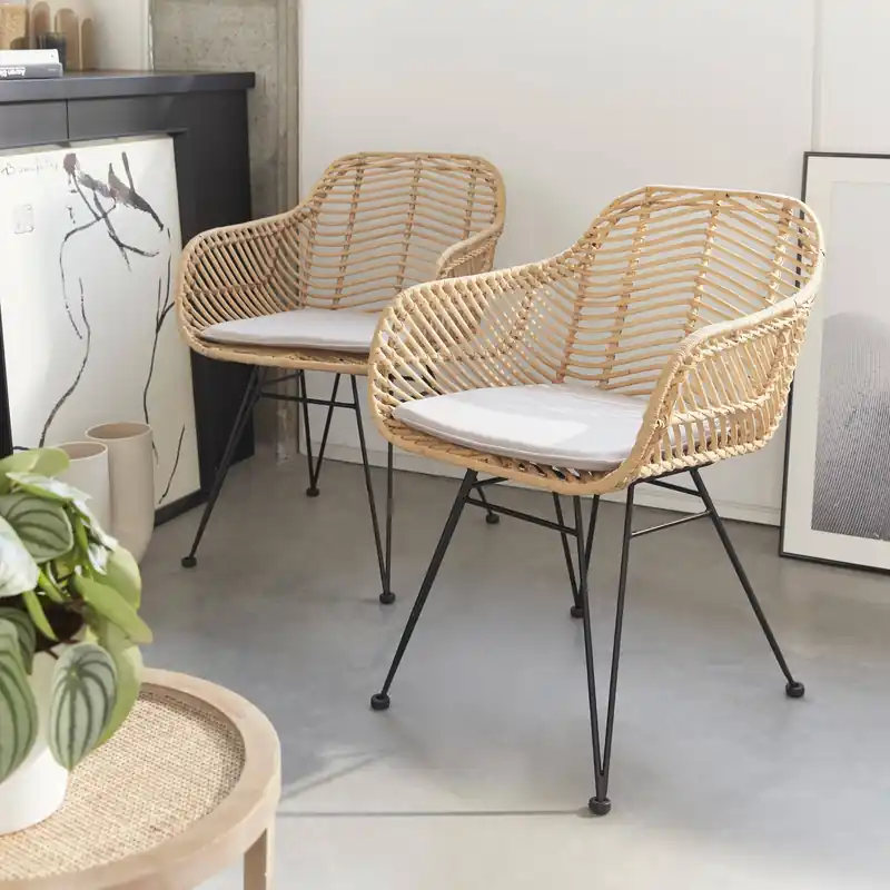 Sillón de ratán natural y metal, set de 2 - Sillas de cocina
