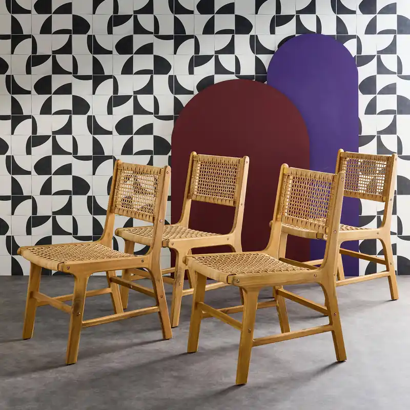 Silla de caña y madera, set de 4 - Sillas de jardín