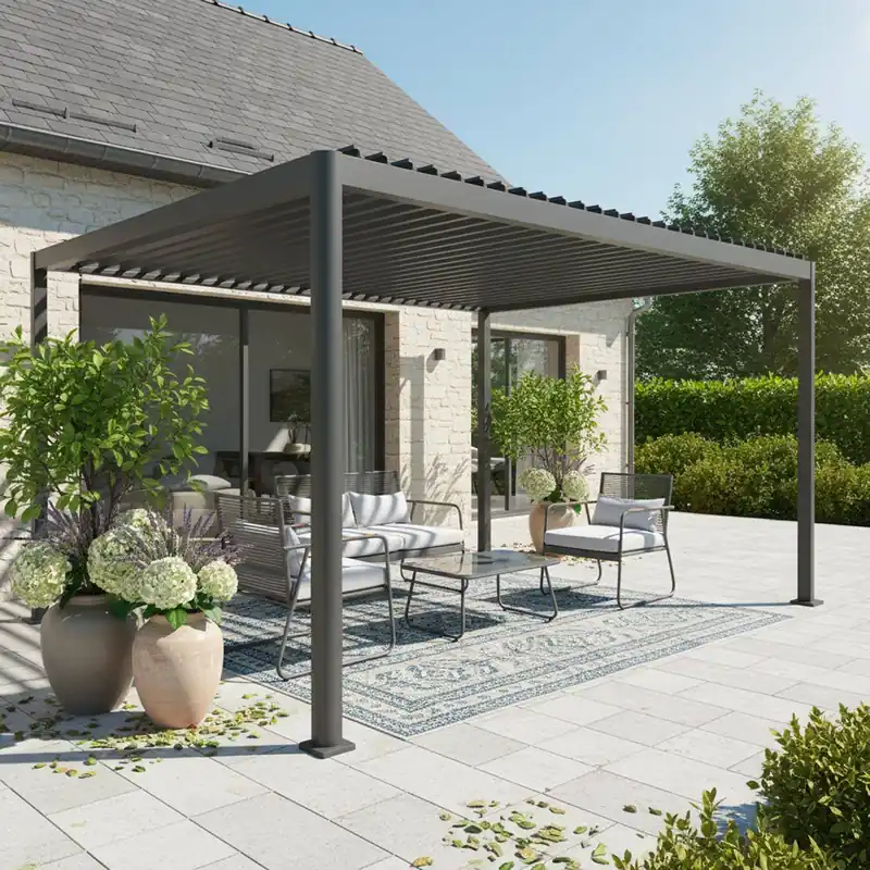 Pérgola bioclimática 3x4m de aluminio y acero con lamas orientables y pies redondeados - Pérgolas bioclimáticas