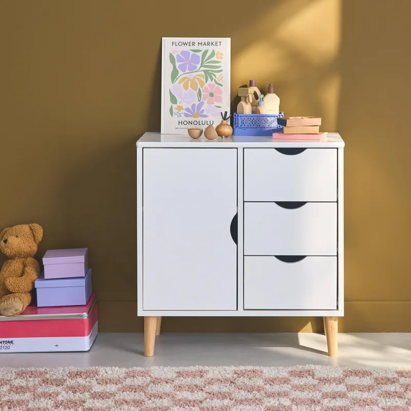 Arcón infantil, 1 puerta y 3 cajones - Almacenamientos para cuartos infantiles