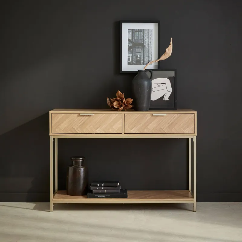 Consola de madera con efecto espiga y 2 cajones, 110cm - Consolas y muebles de recibidor