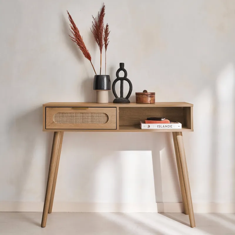 Consola estilo escandinavo con efecto madera, 100cm - Consolas y muebles de recibidor