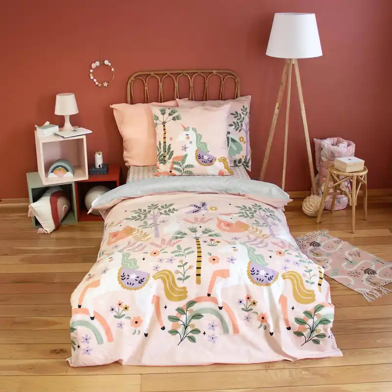 Ropa de cama de algodón reversible estampado unicornio/bailarina, 1 plaza - Ropa de cama infantil