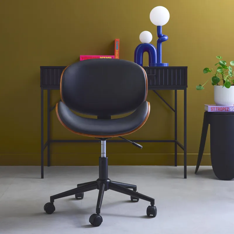 Silla de oficina con ruedas, madera curvada y acabado en polipiel - Sillas de Oficina