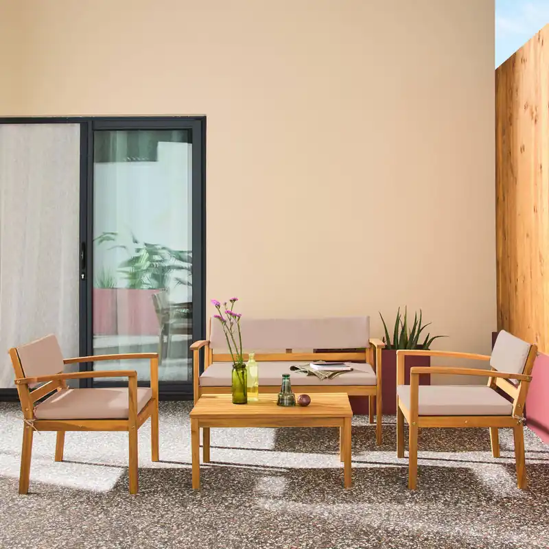 Conjunto de jardín de madera de acacia, 4 plazas - Conjuntos de jardín y terraza