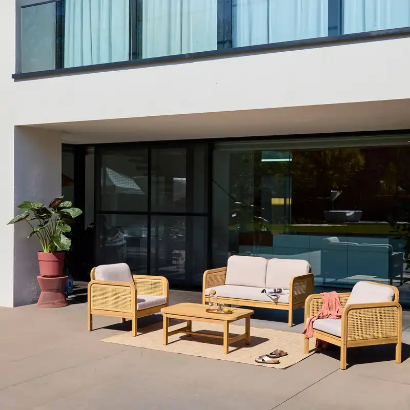 Conjunto de jardín de madera de acacia y rejilla, 4 plazas - Conjuntos de jardín y terraza