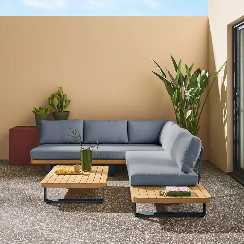 Conjunto de jardín esquinero de madera de acacia y aluminio, 5 plazas - Conjuntos de jardín y terraza