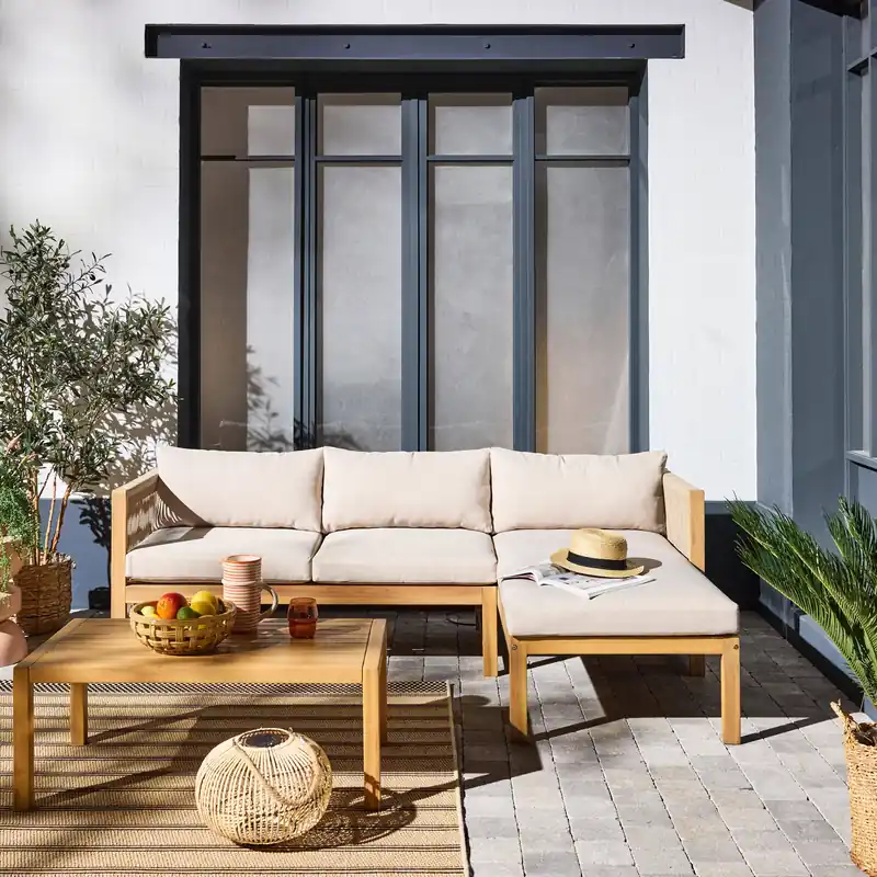 Conjunto de jardín para ángulo en madera de acacia y cuerda, 4 plazas - Conjuntos de jardín y terraza