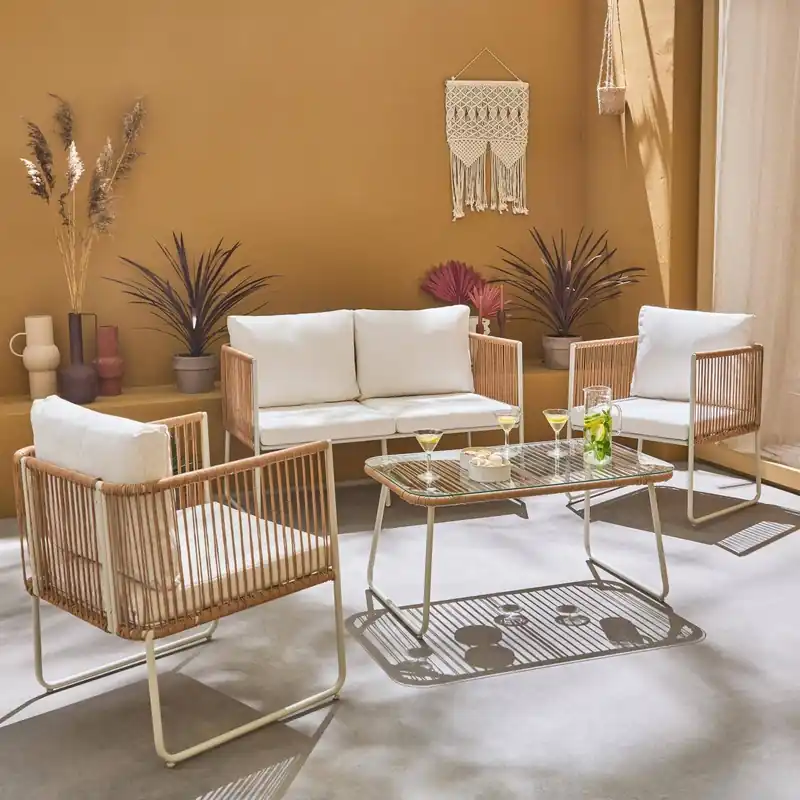 Conjunto de jardín, ratán y acero, 4 plazas - Conjuntos de jardín y terraza