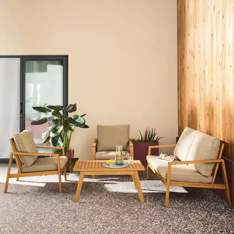 Conjunto de jardín de madera de acacia y olefina, 4 plazas - Conjuntos de jardín y terraza