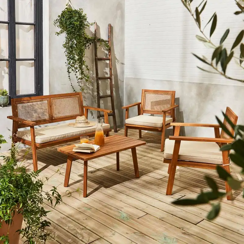 Conjunto de jardín en madera y caña cuadrada, 4 plazas - Conjuntos de jardín y terraza