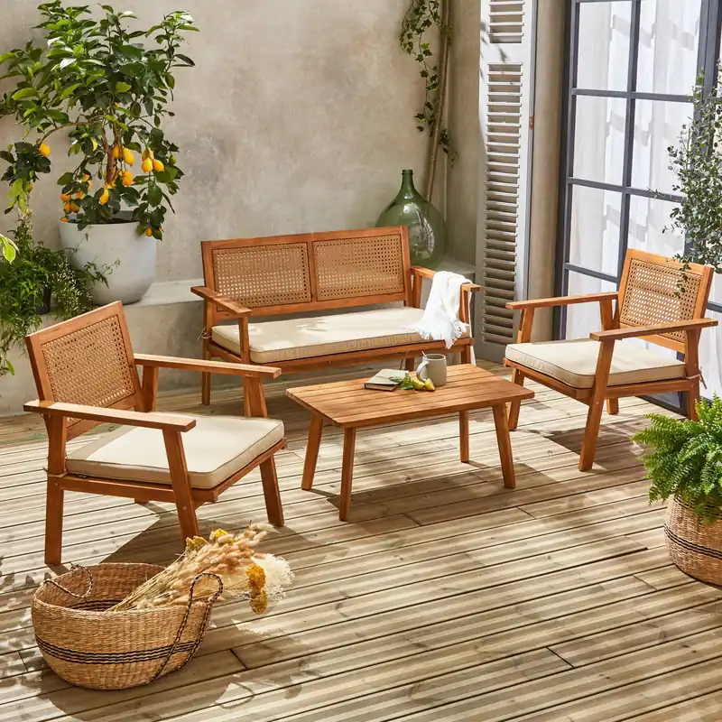 Conjunto de jardín de madera y caña redonda, 4 plazas - Conjuntos de jardín y terraza