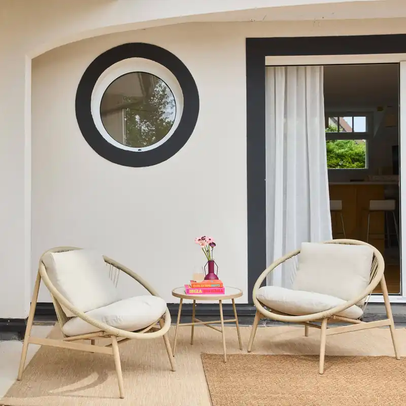 Conjunto de jardín con 2 sillones de ratán y mesa de acero, 2 plazas - Sillas de jardín