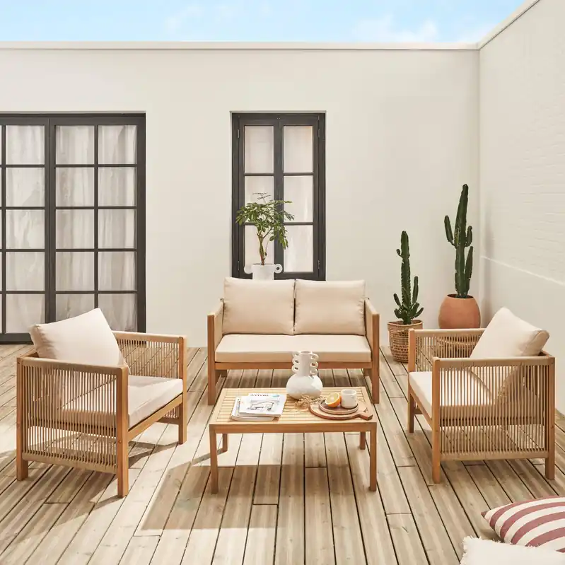 Conjunto de jardín de madera y cuerda, 4 plazas - Conjuntos de jardín y terraza