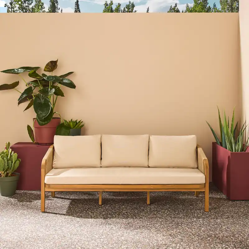 Sofá exterior de madera acacia, cuerdas y tela, 3 plazas - Conjuntos de jardín y terraza