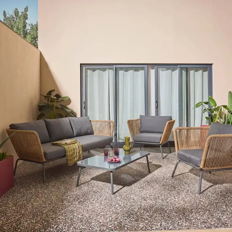 Conjunto de jardín bajos, resina tejida efecto ratán, 5 plazas - Conjuntos de jardín y terraza