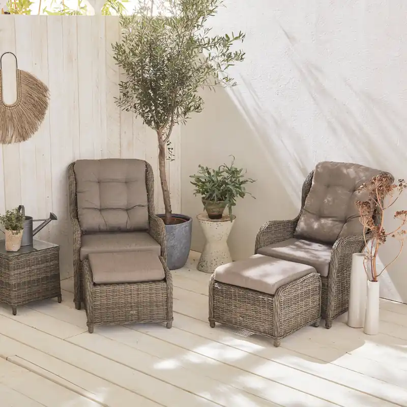 Sillón de jardín con reposapiés de resina trenzada, set de 2 - Conjuntos de jardín y terraza