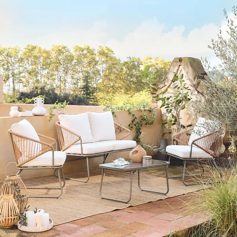 Conjunto de muebles de jardín en metal y resina natural, 4 plazas - Conjuntos de jardín y terraza