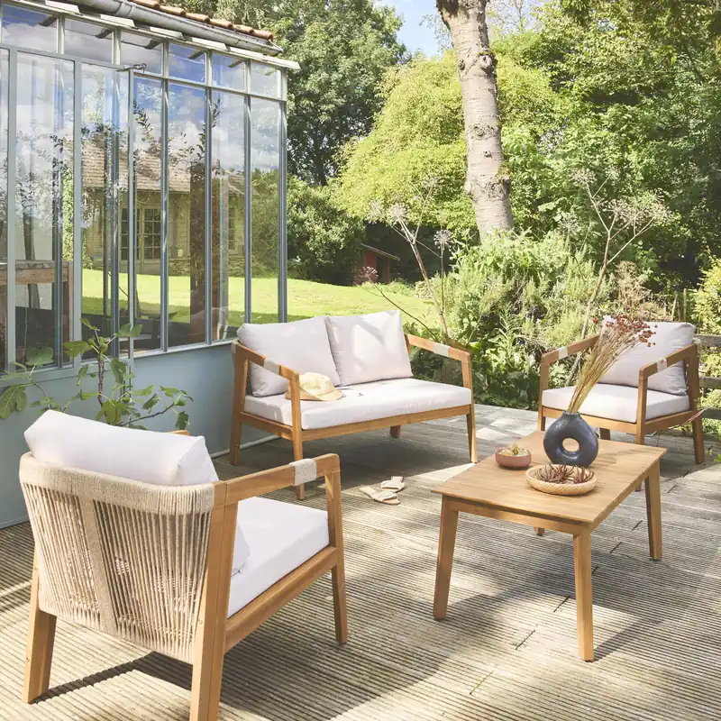 Conjunto de jardín de acacia con cuerdas, 4 plazas - Conjuntos de jardín y terraza