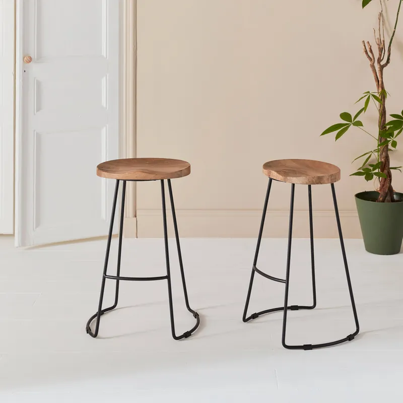 Taburete de bar de madera y acero, set de 2 - Taburetes de cocina