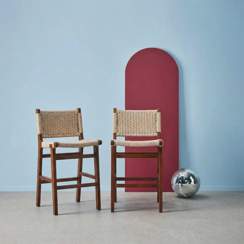 Taburete de bar de madera de hevea y asiento de cuerdas, set de 2 - Taburetes de cocina