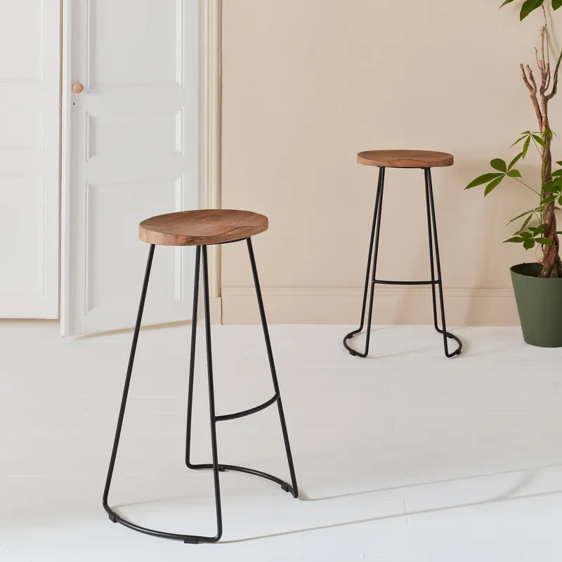 Taburete de bar de madera y acero, set de 2 - Taburetes de cocina