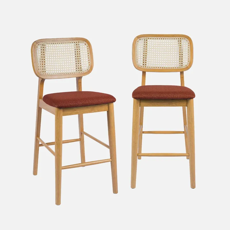 Taburete de bar de madera de hevea con rejilla y tela, set de 2 - Taburetes de cocina