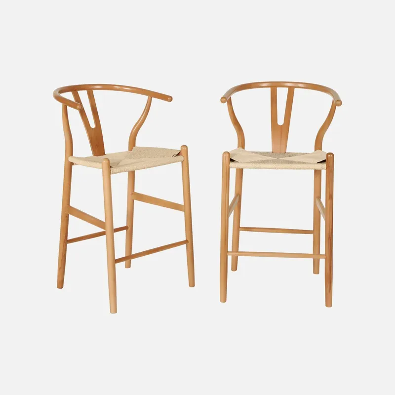 Taburete de bar vintage de madera de haya y cuerdas, set de 2 - Taburetes de cocina