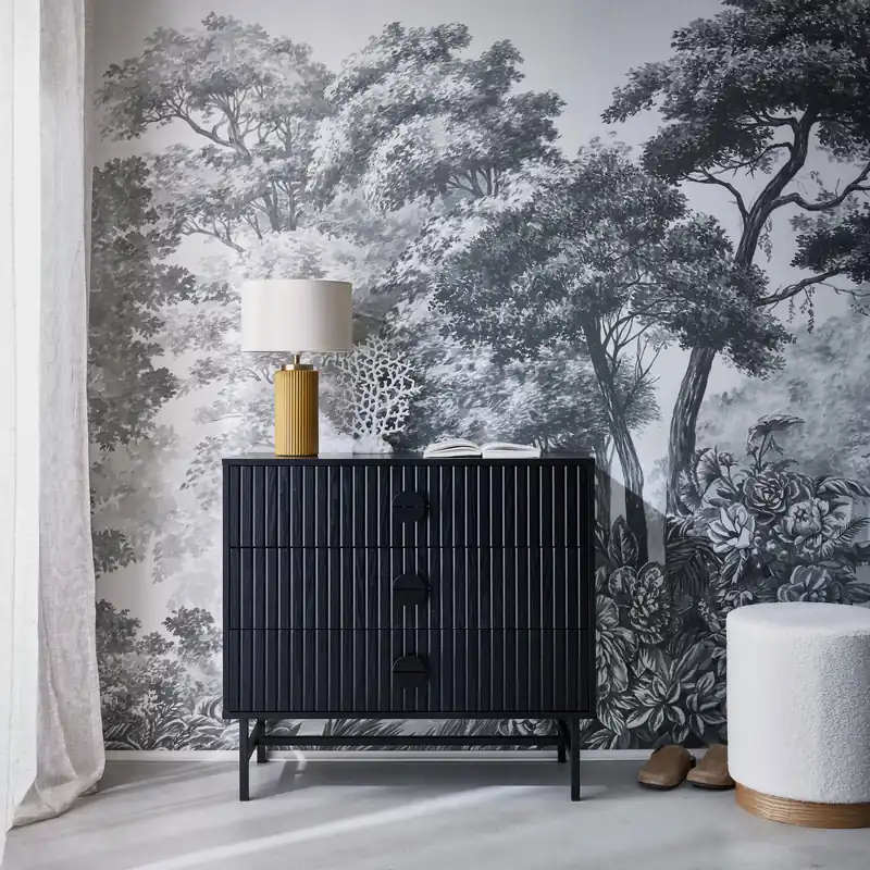 Cómoda con efecto madera y ranuras negras, 3 cajones - Cómodas