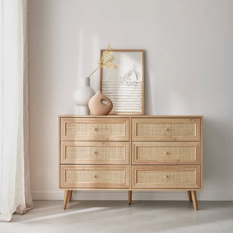 Cómoda de 6 cajones con efecto madera y caña - Cómodas