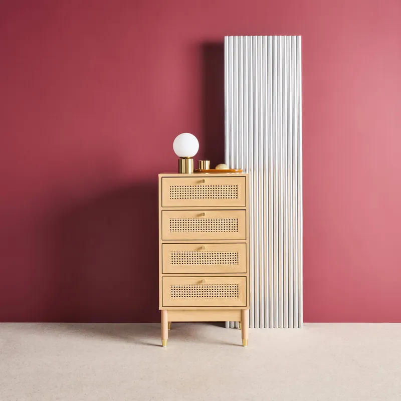 Cómoda con decoración de madera y mimbre, 4 cajones - Cómodas